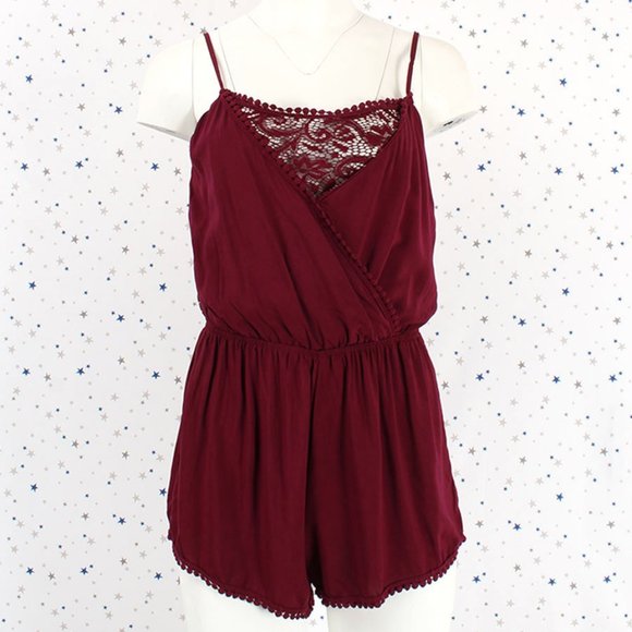 Surplice Lace Pompom Cami Romper Burgundy - Picture 2 of 8